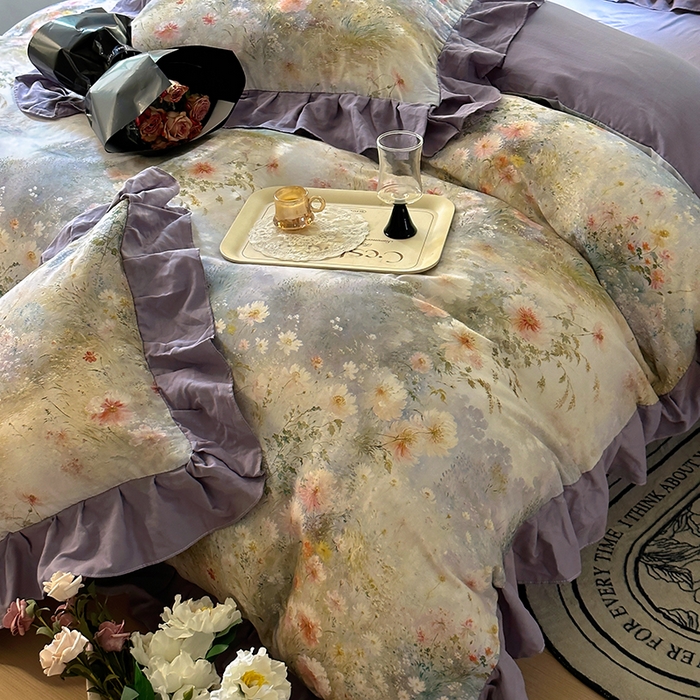 91家纺网 家纺一手货源 找家纺 【疆东】2026高端韩版法式花边纯棉全棉双层纱四件套复古赫本公主风浪漫荷叶边花卉纯棉四件套被套床单