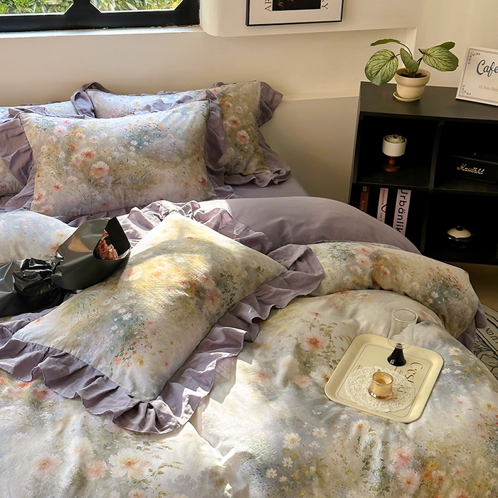 91家纺网 家纺一手货源 找家纺 【疆东】2026高端韩版法式花边纯棉全棉双层纱四件套复古赫本公主风浪漫荷叶边花卉纯棉四件套被套床单