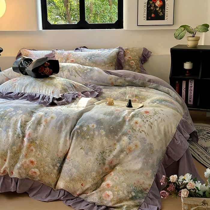 91家纺网 家纺一手货源 找家纺 【疆东】2026高端韩版法式花边纯棉全棉双层纱四件套复古赫本公主风浪漫荷叶边花卉纯棉四件套被套床单