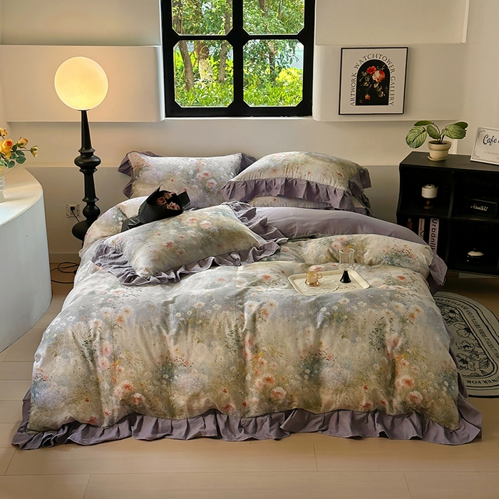 91家纺网 家纺一手货源 找家纺 【疆东】2026高端韩版法式花边纯棉全棉双层纱四件套复古赫本公主风浪漫荷叶边花卉纯棉四件套被套床单