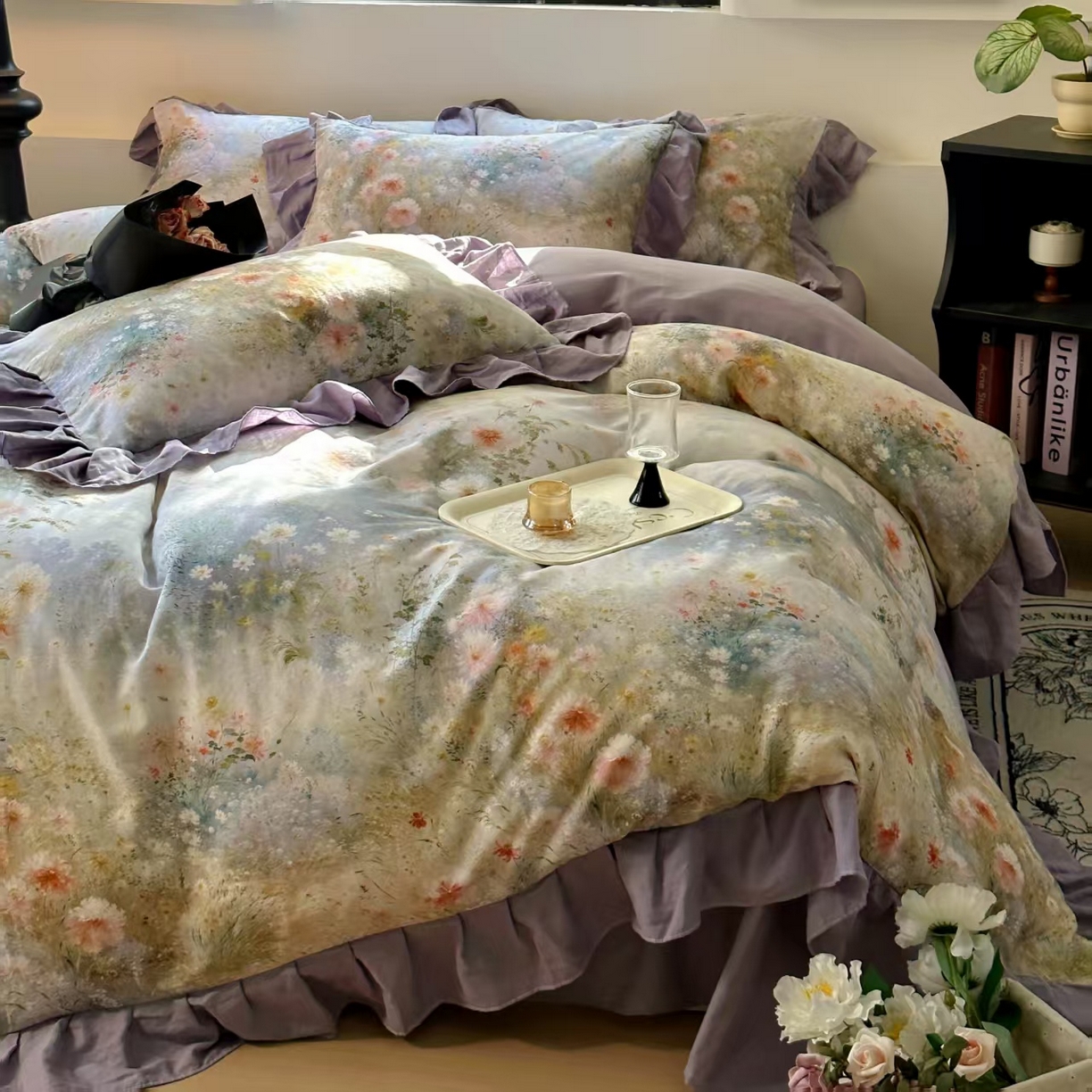 91家纺网 家纺一手货源 找家纺 【疆东】2026高端韩版法式花边纯棉全棉双层纱四件套复古赫本公主风浪漫荷叶边花卉纯棉四件套被套床单