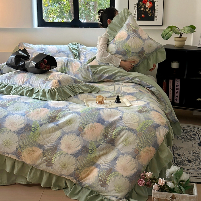 91家纺网 家纺一手货源 找家纺 【疆东】2026高端韩版法式花边纯棉全棉双层纱四件套复古赫本公主风浪漫荷叶边花卉纯棉四件套被套床单