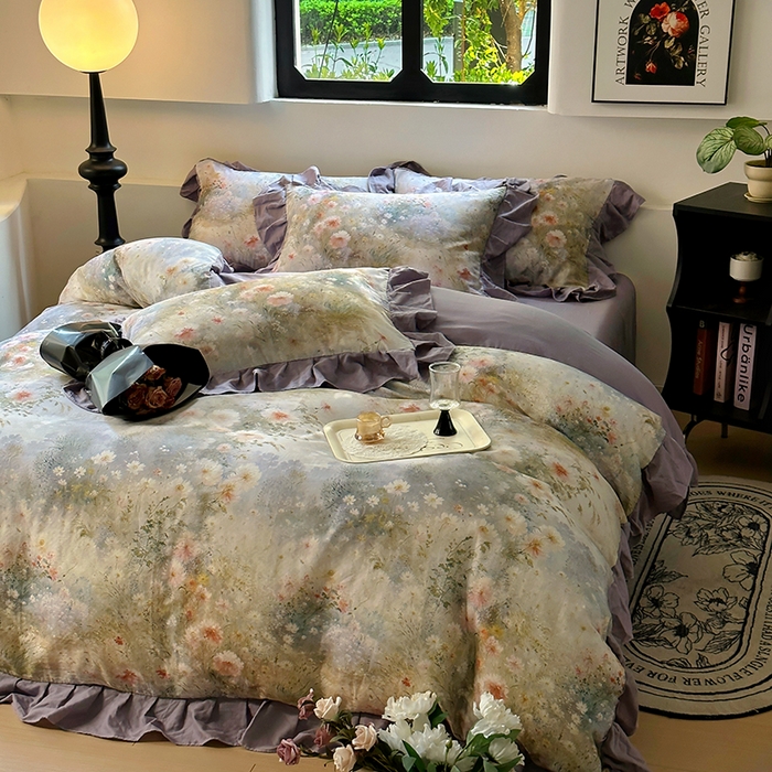 91家纺网 家纺一手货源 找家纺 疆东 【疆东】2026高端韩版法式花边纯棉全棉双层纱四件套复古赫本公主风浪漫荷叶边花卉纯棉四件套被套床单 木槿