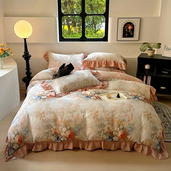 91家纺网 家纺一手货源 找家纺 疆东 【疆东】2026高端韩版法式花边纯棉全棉双层纱四件套复古赫本公主风浪漫荷叶边花卉纯棉四件套被套床单 爱丽丝