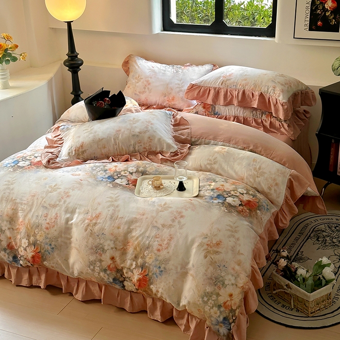 91家纺网 家纺一手货源 找家纺 疆东 【疆东】2026高端韩版法式花边纯棉全棉双层纱四件套复古赫本公主风浪漫荷叶边花卉纯棉四件套被套床单 爱丽丝