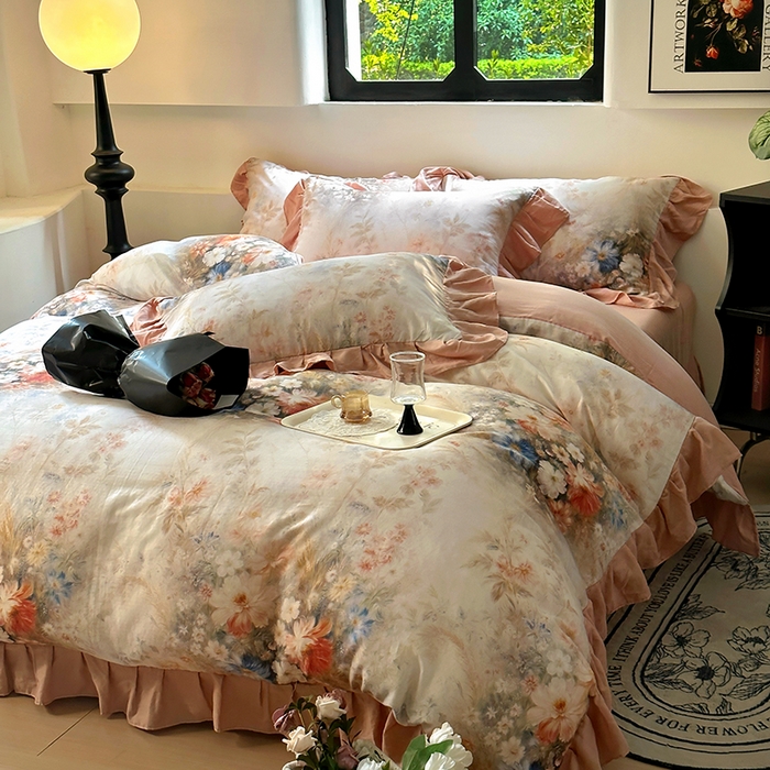 91家纺网 家纺一手货源 找家纺 疆东 【疆东】2026高端韩版法式花边纯棉全棉双层纱四件套复古赫本公主风浪漫荷叶边花卉纯棉四件套被套床单 爱丽丝