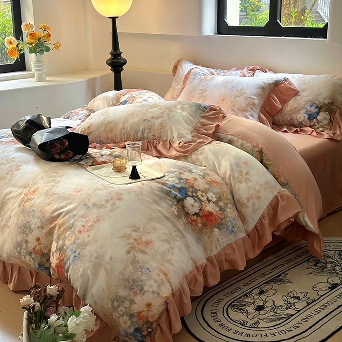 91家纺网 家纺一手货源 找家纺 疆东 【疆东】2026高端韩版法式花边纯棉全棉双层纱四件套复古赫本公主风浪漫荷叶边花卉纯棉四件套被套床单 爱丽丝