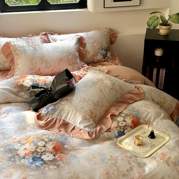 91家纺网 家纺一手货源 找家纺 疆东 【疆东】2026高端韩版法式花边纯棉全棉双层纱四件套复古赫本公主风浪漫荷叶边花卉纯棉四件套被套床单 爱丽丝