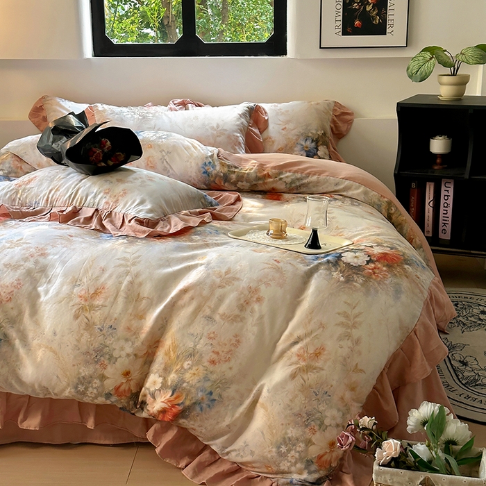 91家纺网 家纺一手货源 找家纺 疆东 【疆东】2026高端韩版法式花边纯棉全棉双层纱四件套复古赫本公主风浪漫荷叶边花卉纯棉四件套被套床单 爱丽丝