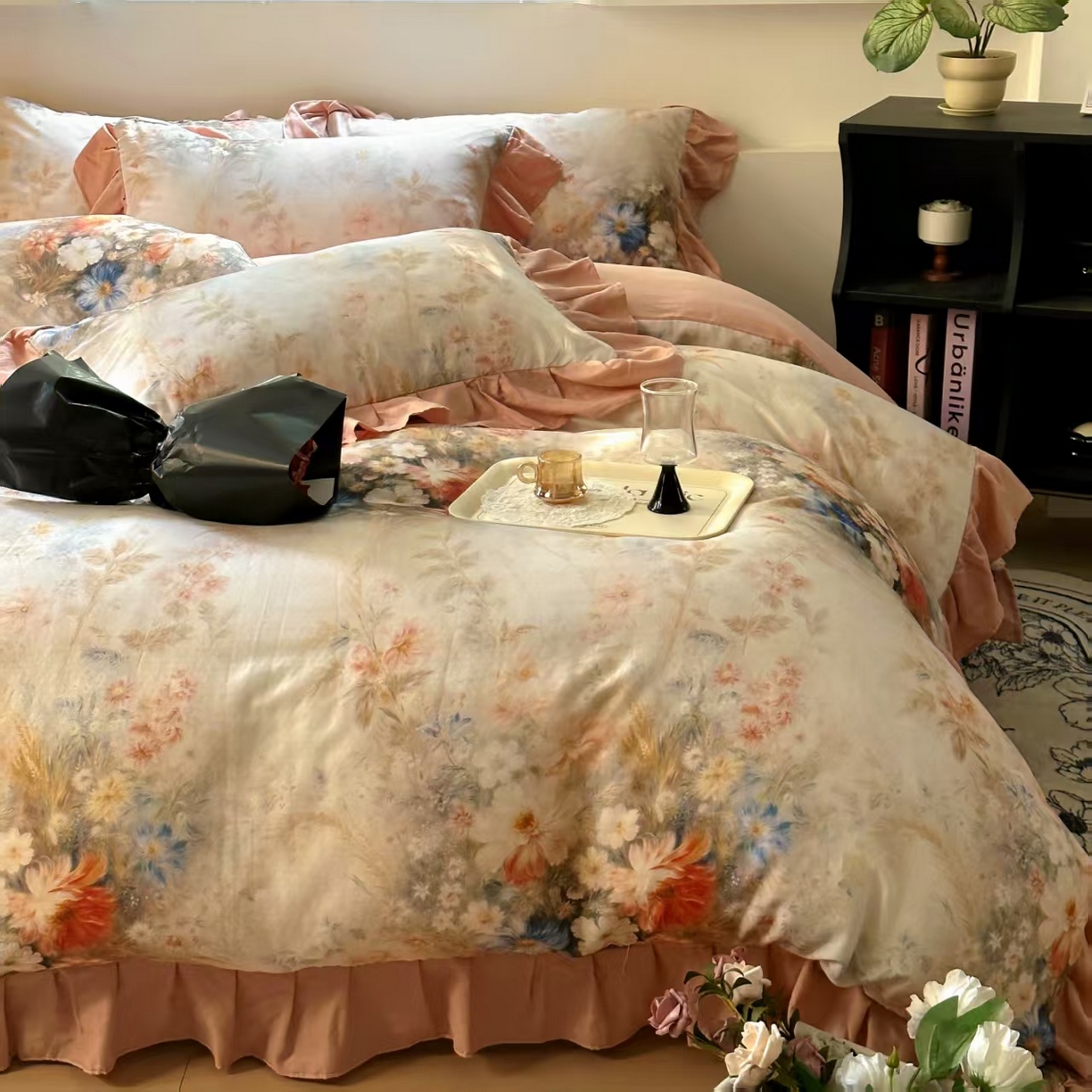 91家纺网 家纺一手货源 找家纺 疆东 【疆东】2026高端韩版法式花边纯棉全棉双层纱四件套复古赫本公主风浪漫荷叶边花卉纯棉四件套被套床单 爱丽丝