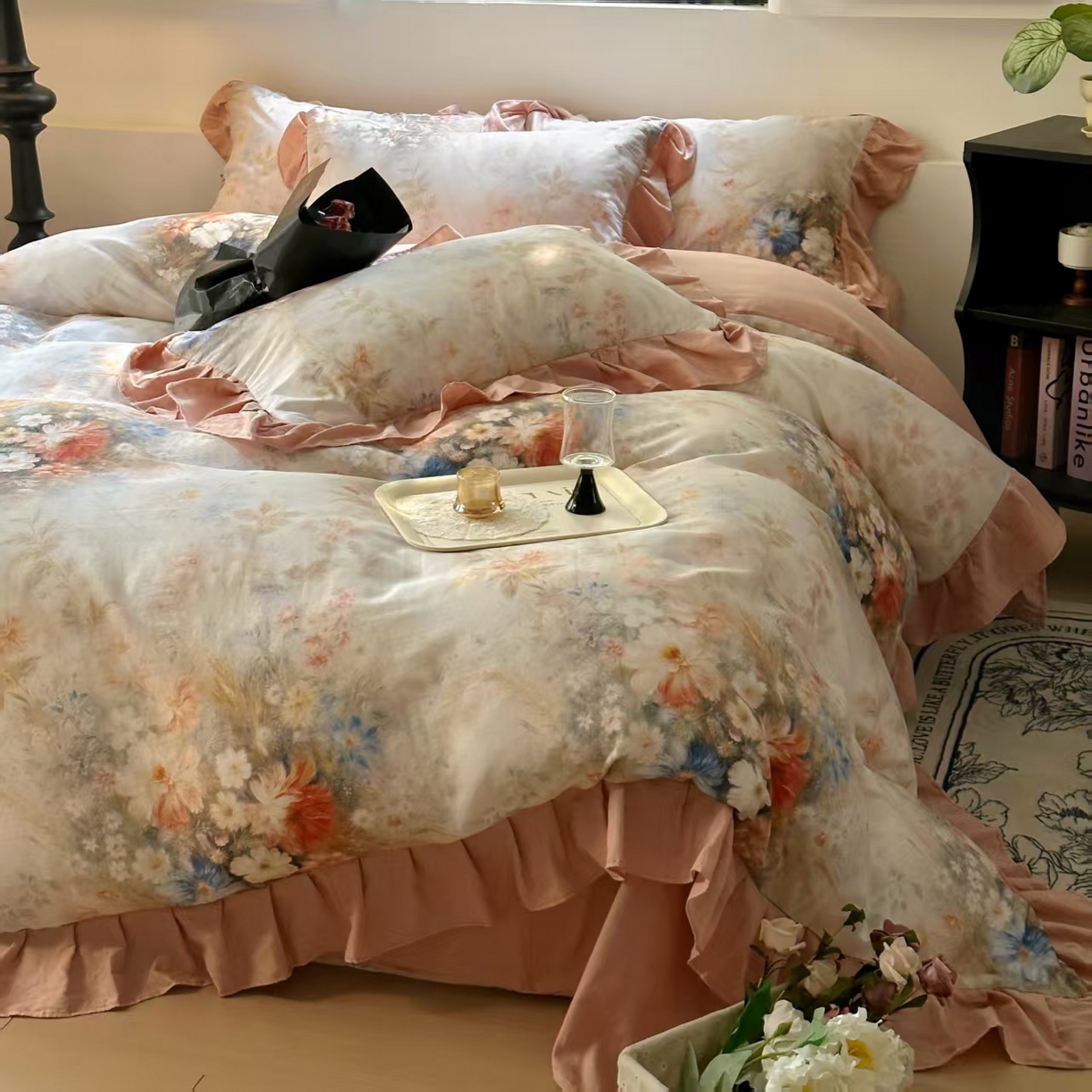 91家纺网 家纺一手货源 找家纺 疆东 【疆东】2026高端韩版法式花边纯棉全棉双层纱四件套复古赫本公主风浪漫荷叶边花卉纯棉四件套被套床单 爱丽丝