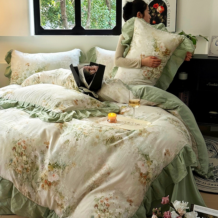 疆东 【疆东】2026高端韩版法式花边纯棉全棉双层纱四件套复古赫本公主风浪漫荷叶边花卉纯棉四件套被套床单 青黛