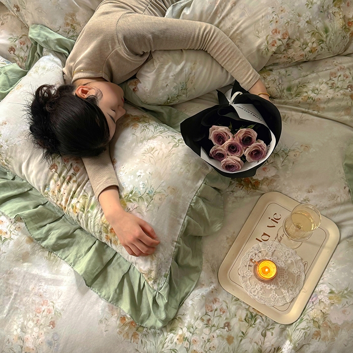 91家纺网 家纺一手货源 找家纺 疆东 【疆东】2026高端韩版法式花边纯棉全棉双层纱四件套复古赫本公主风浪漫荷叶边花卉纯棉四件套被套床单 青黛