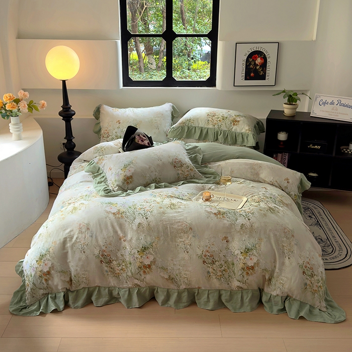 91家纺网 家纺一手货源 找家纺 疆东 【疆东】2026高端韩版法式花边纯棉全棉双层纱四件套复古赫本公主风浪漫荷叶边花卉纯棉四件套被套床单 青黛