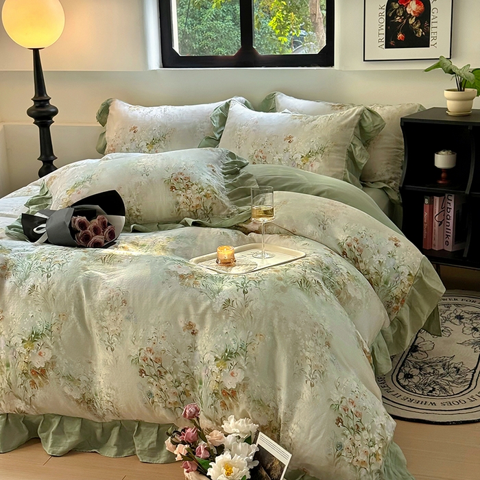 91家纺网 家纺一手货源 找家纺 疆东 【疆东】2026高端韩版法式花边纯棉全棉双层纱四件套复古赫本公主风浪漫荷叶边花卉纯棉四件套被套床单 青黛