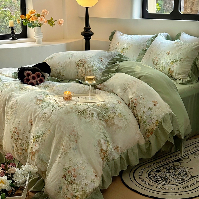 91家纺网 家纺一手货源 找家纺 疆东 【疆东】2026高端韩版法式花边纯棉全棉双层纱四件套复古赫本公主风浪漫荷叶边花卉纯棉四件套被套床单 青黛