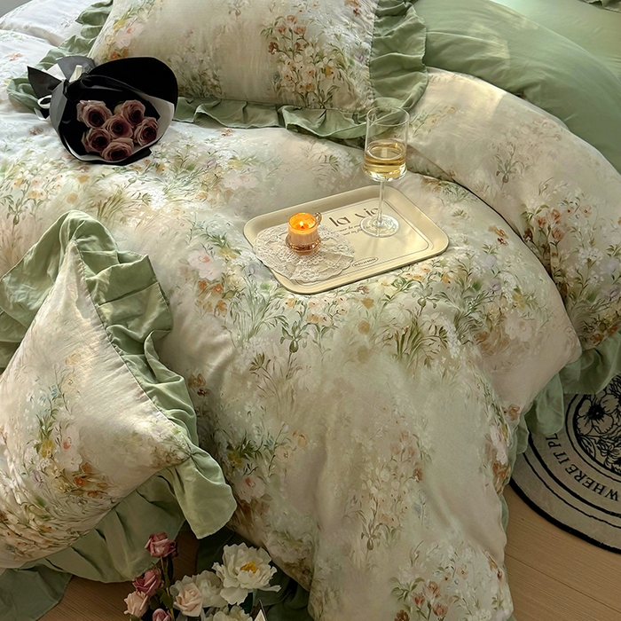 91家纺网 家纺一手货源 找家纺 疆东 【疆东】2026高端韩版法式花边纯棉全棉双层纱四件套复古赫本公主风浪漫荷叶边花卉纯棉四件套被套床单 青黛