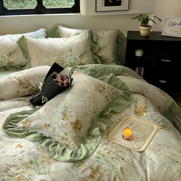 91家纺网 家纺一手货源 找家纺 疆东 【疆东】2026高端韩版法式花边纯棉全棉双层纱四件套复古赫本公主风浪漫荷叶边花卉纯棉四件套被套床单 青黛