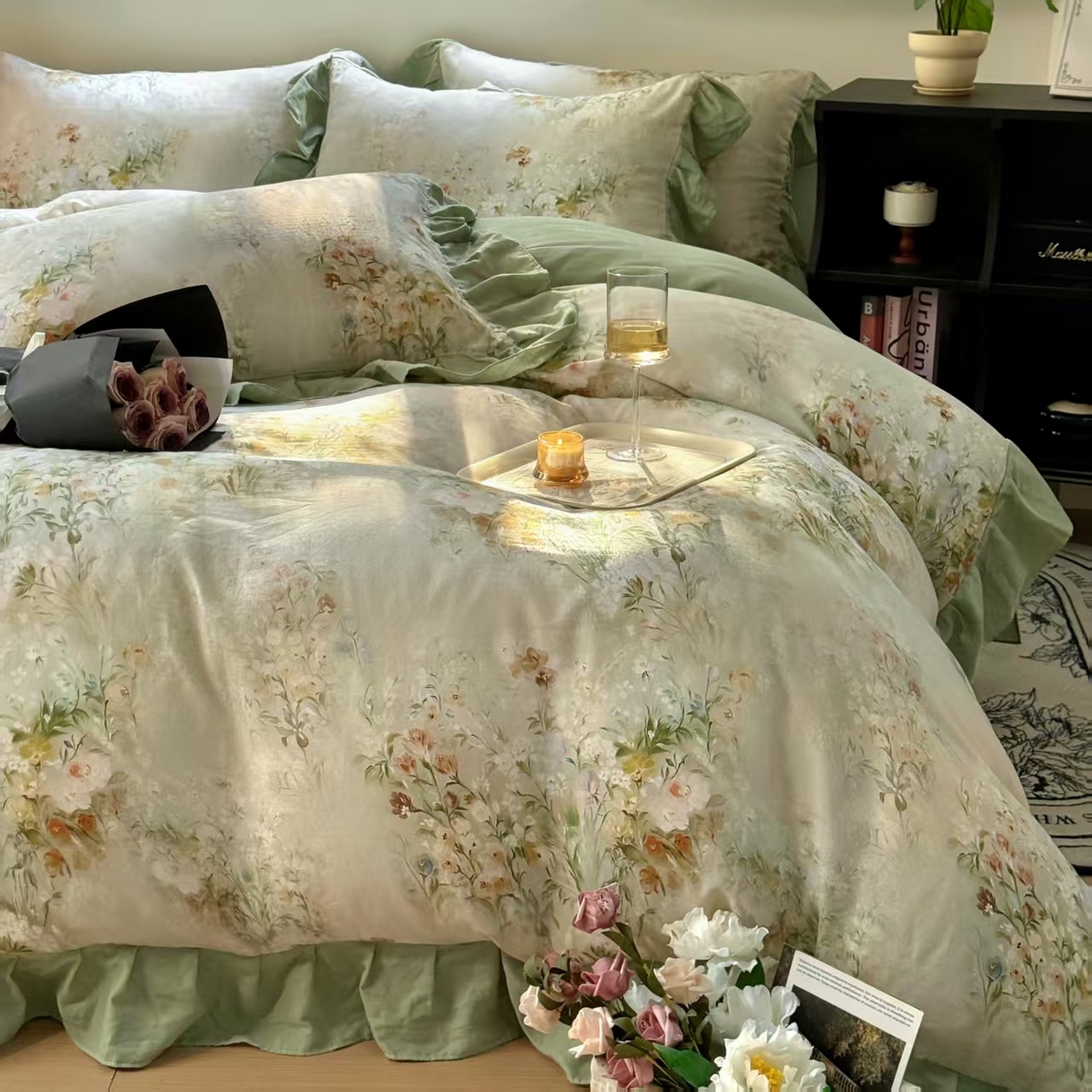 91家纺网 家纺一手货源 找家纺 疆东 【疆东】2026高端韩版法式花边纯棉全棉双层纱四件套复古赫本公主风浪漫荷叶边花卉纯棉四件套被套床单 青黛
