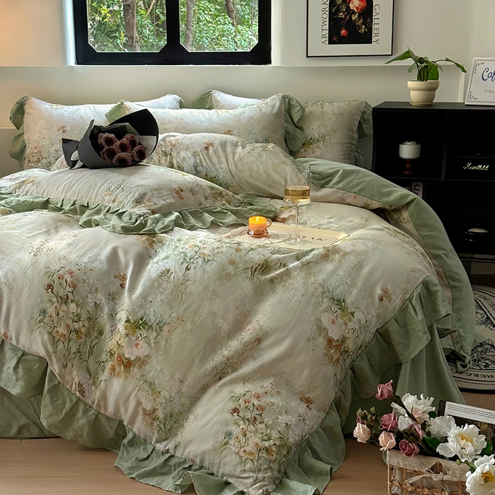 91家纺网 家纺一手货源 找家纺 疆东 【疆东】2026高端韩版法式花边纯棉全棉双层纱四件套复古赫本公主风浪漫荷叶边花卉纯棉四件套被套床单 青黛