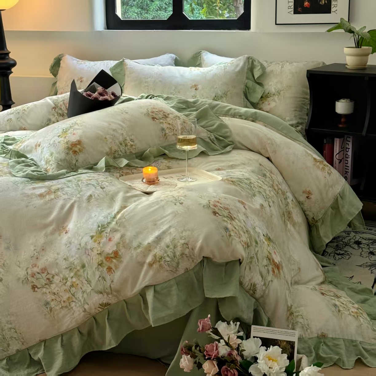 91家纺网 家纺一手货源 找家纺 疆东 【疆东】2026高端韩版法式花边纯棉全棉双层纱四件套复古赫本公主风浪漫荷叶边花卉纯棉四件套被套床单 青黛
