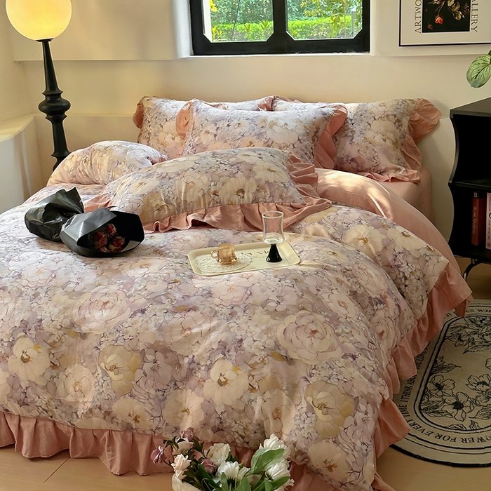 91家纺网 家纺一手货源 找家纺 疆东 【疆东】2026高端韩版法式花边纯棉全棉双层纱四件套复古赫本公主风浪漫荷叶边花卉纯棉四件套被套床单 花隐