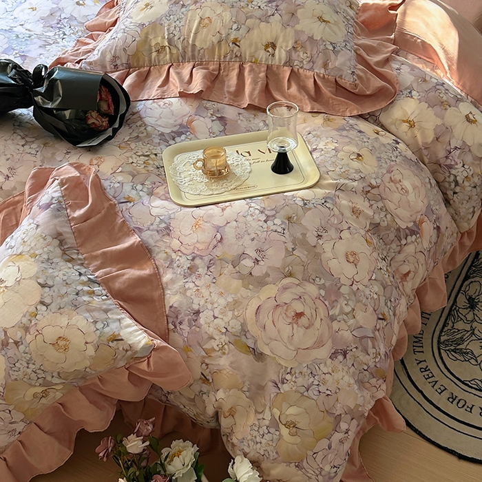 91家纺网 家纺一手货源 找家纺 疆东 【疆东】2026高端韩版法式花边纯棉全棉双层纱四件套复古赫本公主风浪漫荷叶边花卉纯棉四件套被套床单 花隐