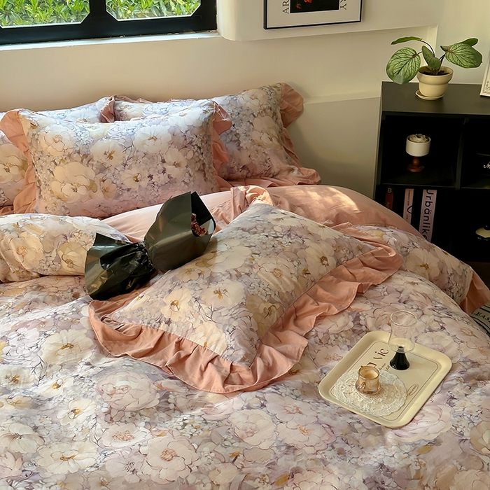 91家纺网 家纺一手货源 找家纺 疆东 【疆东】2026高端韩版法式花边纯棉全棉双层纱四件套复古赫本公主风浪漫荷叶边花卉纯棉四件套被套床单 花隐