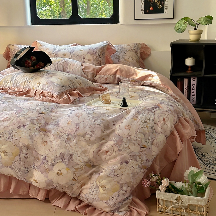 91家纺网 家纺一手货源 找家纺 疆东 【疆东】2026高端韩版法式花边纯棉全棉双层纱四件套复古赫本公主风浪漫荷叶边花卉纯棉四件套被套床单 花隐