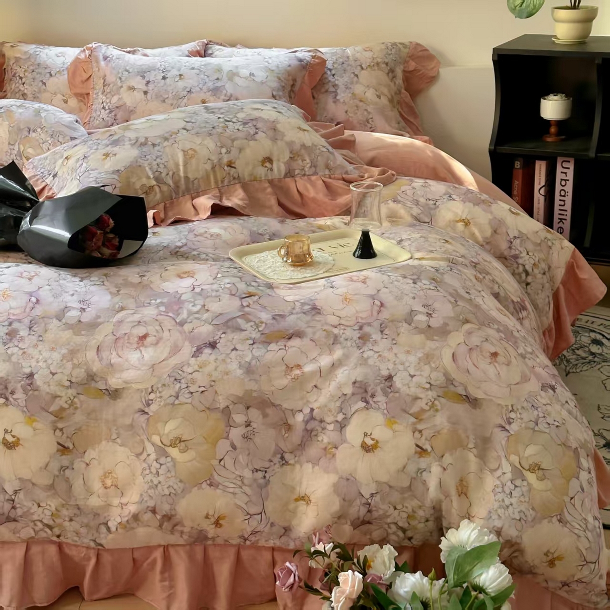 91家纺网 家纺一手货源 找家纺 疆东 【疆东】2026高端韩版法式花边纯棉全棉双层纱四件套复古赫本公主风浪漫荷叶边花卉纯棉四件套被套床单 花隐