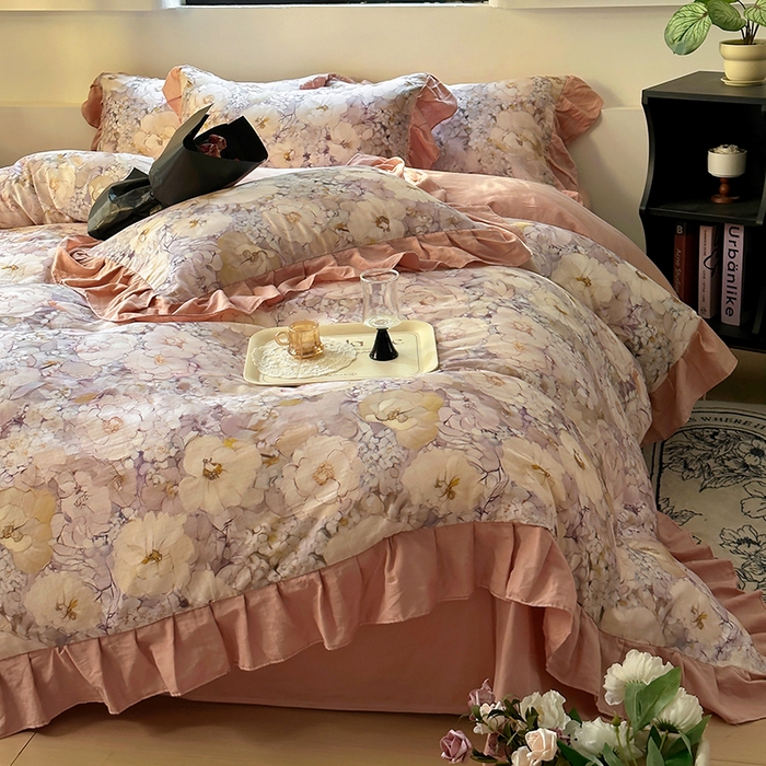 91家纺网 家纺一手货源 找家纺 疆东 【疆东】2026高端韩版法式花边纯棉全棉双层纱四件套复古赫本公主风浪漫荷叶边花卉纯棉四件套被套床单 花隐