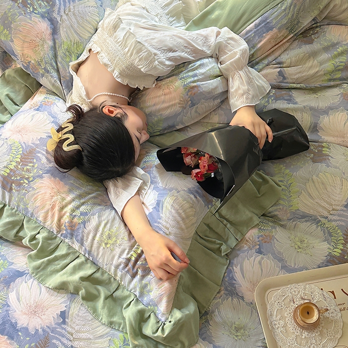 91家纺网 家纺一手货源 找家纺 疆东 【疆东】2026高端韩版法式花边纯棉全棉双层纱四件套复古赫本公主风浪漫荷叶边花卉纯棉四件套被套床单 虞美人