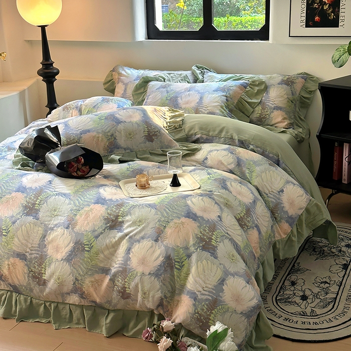 91家纺网 家纺一手货源 找家纺 疆东 【疆东】2026高端韩版法式花边纯棉全棉双层纱四件套复古赫本公主风浪漫荷叶边花卉纯棉四件套被套床单 虞美人