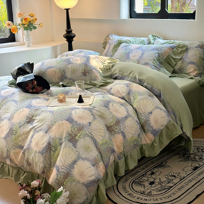 91家纺网 家纺一手货源 找家纺 疆东 【疆东】2026高端韩版法式花边纯棉全棉双层纱四件套复古赫本公主风浪漫荷叶边花卉纯棉四件套被套床单 虞美人