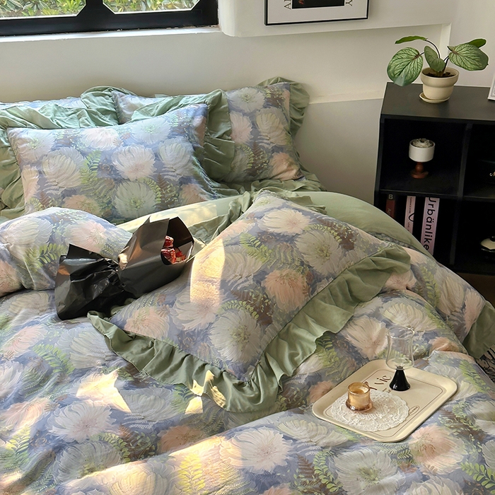 91家纺网 家纺一手货源 找家纺 疆东 【疆东】2026高端韩版法式花边纯棉全棉双层纱四件套复古赫本公主风浪漫荷叶边花卉纯棉四件套被套床单 虞美人