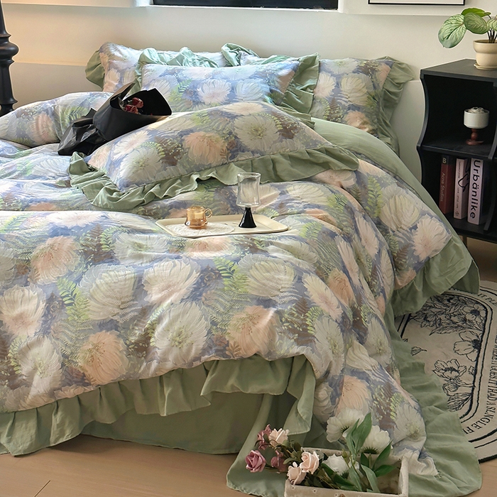 91家纺网 家纺一手货源 找家纺 疆东 【疆东】2026高端韩版法式花边纯棉全棉双层纱四件套复古赫本公主风浪漫荷叶边花卉纯棉四件套被套床单 虞美人