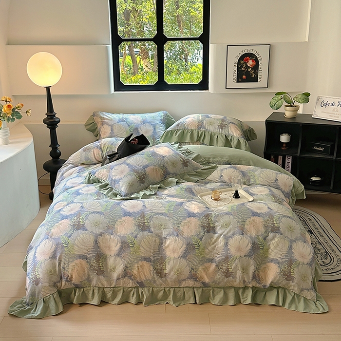 91家纺网 家纺一手货源 找家纺 疆东 【疆东】2026高端韩版法式花边纯棉全棉双层纱四件套复古赫本公主风浪漫荷叶边花卉纯棉四件套被套床单 虞美人