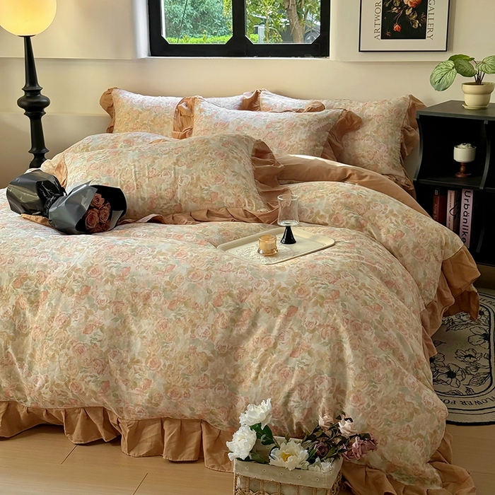 91家纺网 家纺一手货源 找家纺 疆东 【疆东】2026高端韩版法式花边纯棉全棉双层纱四件套复古赫本公主风浪漫荷叶边花卉纯棉四件套被套床单 暮色玫瑰