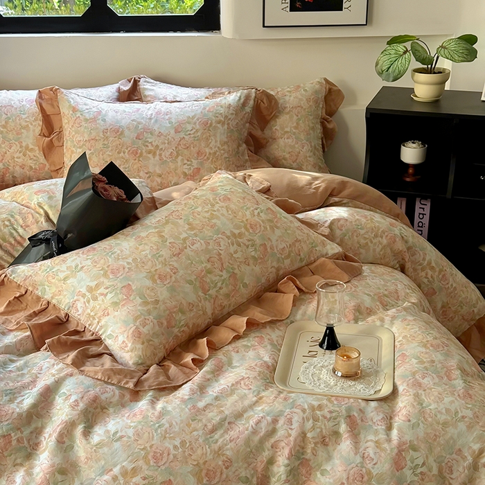 91家纺网 家纺一手货源 找家纺 疆东 【疆东】2026高端韩版法式花边纯棉全棉双层纱四件套复古赫本公主风浪漫荷叶边花卉纯棉四件套被套床单 暮色玫瑰