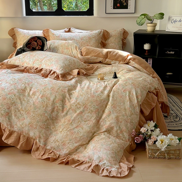 91家纺网 家纺一手货源 找家纺 疆东 【疆东】2026高端韩版法式花边纯棉全棉双层纱四件套复古赫本公主风浪漫荷叶边花卉纯棉四件套被套床单 暮色玫瑰