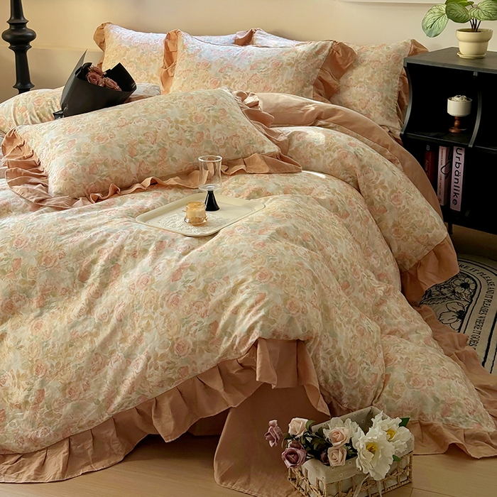 91家纺网 家纺一手货源 找家纺 疆东 【疆东】2026高端韩版法式花边纯棉全棉双层纱四件套复古赫本公主风浪漫荷叶边花卉纯棉四件套被套床单 暮色玫瑰