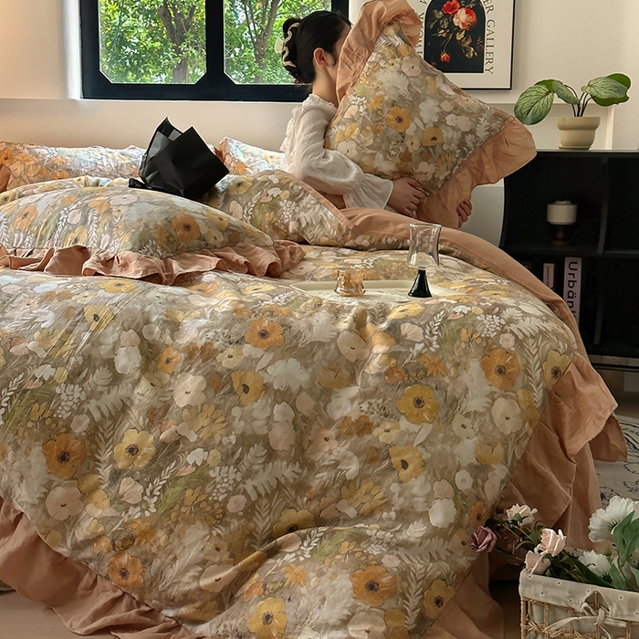 91家纺网 家纺一手货源 找家纺 疆东 【疆东】2026高端韩版法式花边纯棉全棉双层纱四件套复古赫本公主风浪漫荷叶边花卉纯棉四件套被套床单 拾光里里