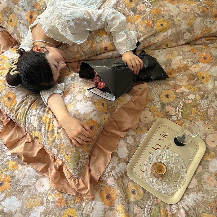 91家纺网 家纺一手货源 找家纺 疆东 【疆东】2026高端韩版法式花边纯棉全棉双层纱四件套复古赫本公主风浪漫荷叶边花卉纯棉四件套被套床单 拾光里里