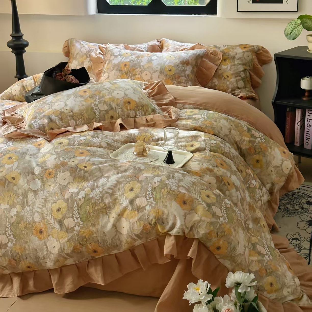 91家纺网 家纺一手货源 找家纺 疆东 【疆东】2026高端韩版法式花边纯棉全棉双层纱四件套复古赫本公主风浪漫荷叶边花卉纯棉四件套被套床单 拾光里里