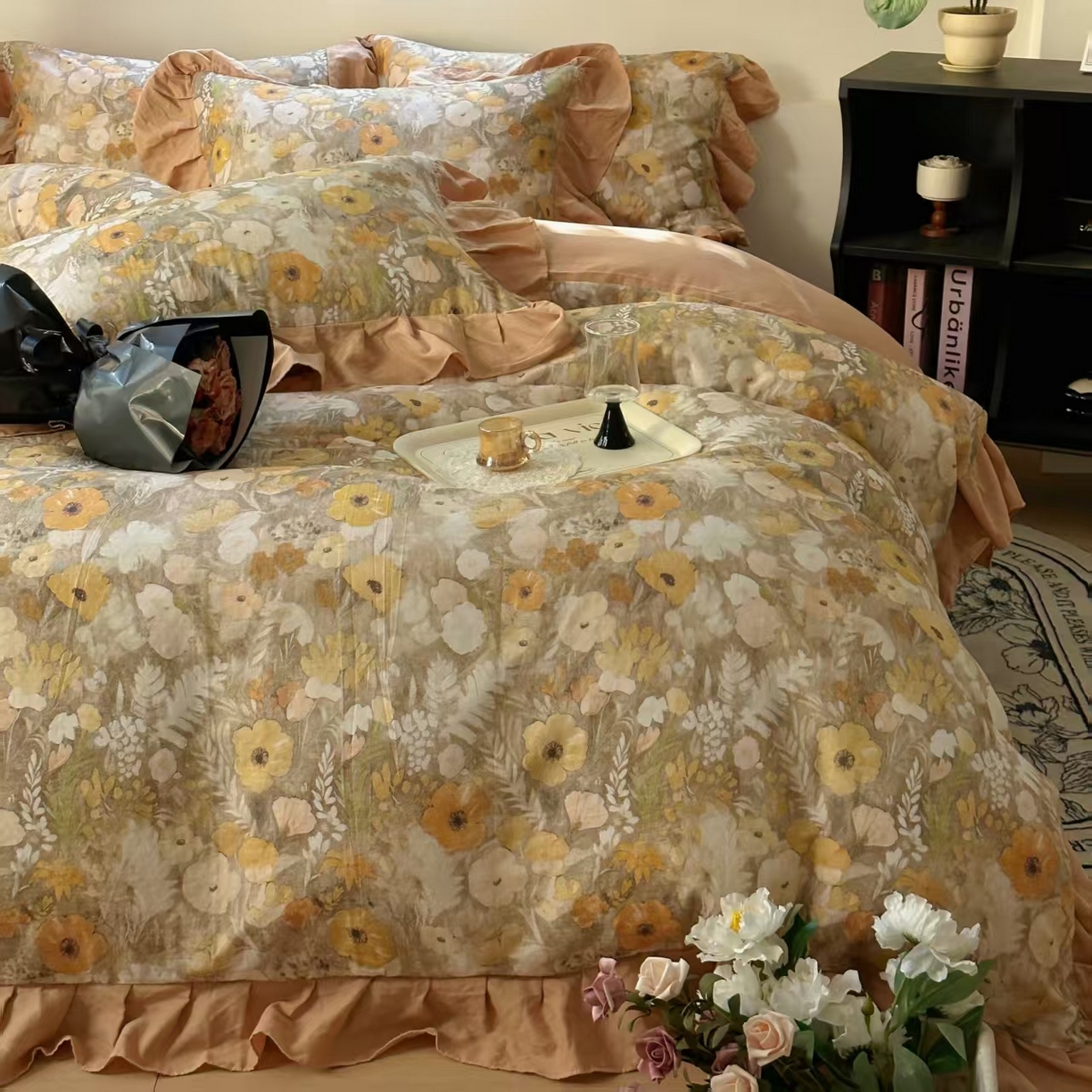 91家纺网 家纺一手货源 找家纺 疆东 【疆东】2026高端韩版法式花边纯棉全棉双层纱四件套复古赫本公主风浪漫荷叶边花卉纯棉四件套被套床单 拾光里里