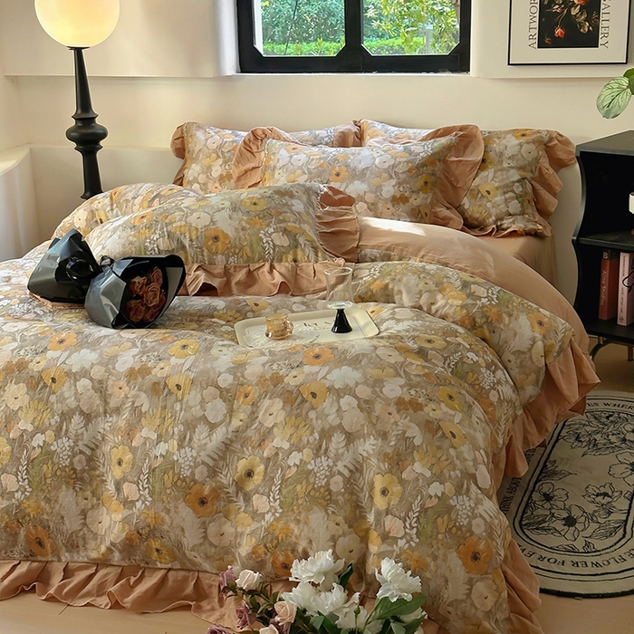 91家纺网 家纺一手货源 找家纺 疆东 【疆东】2026高端韩版法式花边纯棉全棉双层纱四件套复古赫本公主风浪漫荷叶边花卉纯棉四件套被套床单 拾光里里