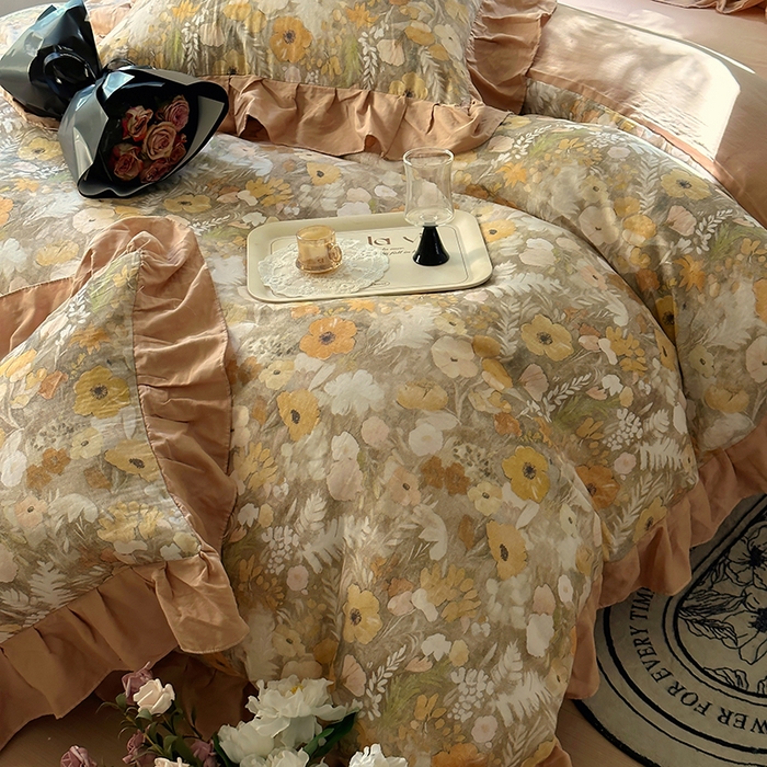 91家纺网 家纺一手货源 找家纺 疆东 【疆东】2026高端韩版法式花边纯棉全棉双层纱四件套复古赫本公主风浪漫荷叶边花卉纯棉四件套被套床单 拾光里里