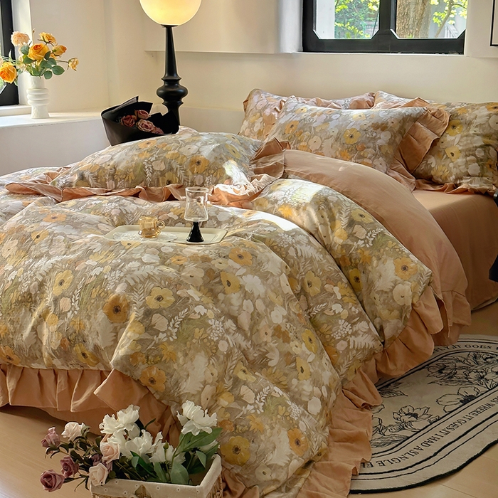 91家纺网 家纺一手货源 找家纺 疆东 【疆东】2026高端韩版法式花边纯棉全棉双层纱四件套复古赫本公主风浪漫荷叶边花卉纯棉四件套被套床单 拾光里里