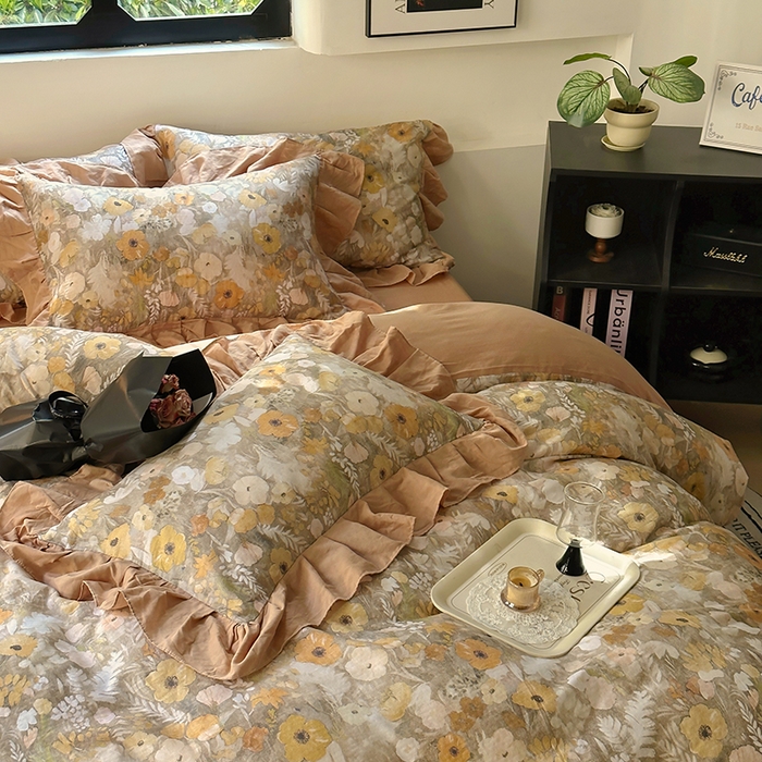 91家纺网 家纺一手货源 找家纺 疆东 【疆东】2026高端韩版法式花边纯棉全棉双层纱四件套复古赫本公主风浪漫荷叶边花卉纯棉四件套被套床单 拾光里里