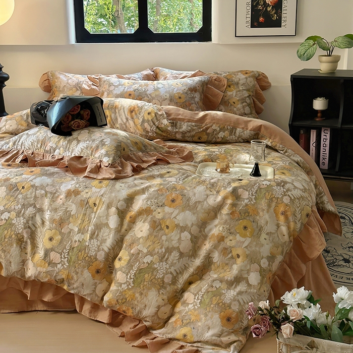 91家纺网 家纺一手货源 找家纺 疆东 【疆东】2026高端韩版法式花边纯棉全棉双层纱四件套复古赫本公主风浪漫荷叶边花卉纯棉四件套被套床单 拾光里里